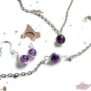 3 Piece Gemstone Jewelry Set, Amethyst Earrings Necklace & Bracelet